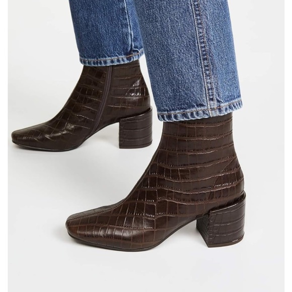 Jeffrey Campbell Shoes - Jeffrey Campbell Dark Brown Croc-Embossed Block Heel Ankle Boots